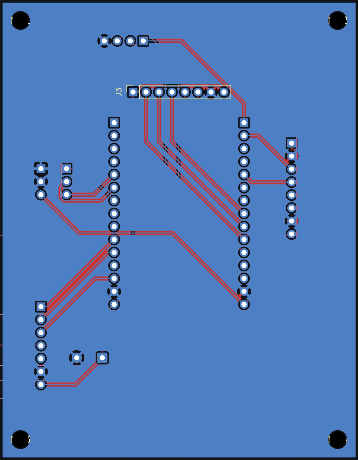 The actual board layout — 70 × 90 mm, two layers, ground poured on both sides. Header sockets for the DevKit sit in the middle, display at the top on the front face, everything else on the back.
